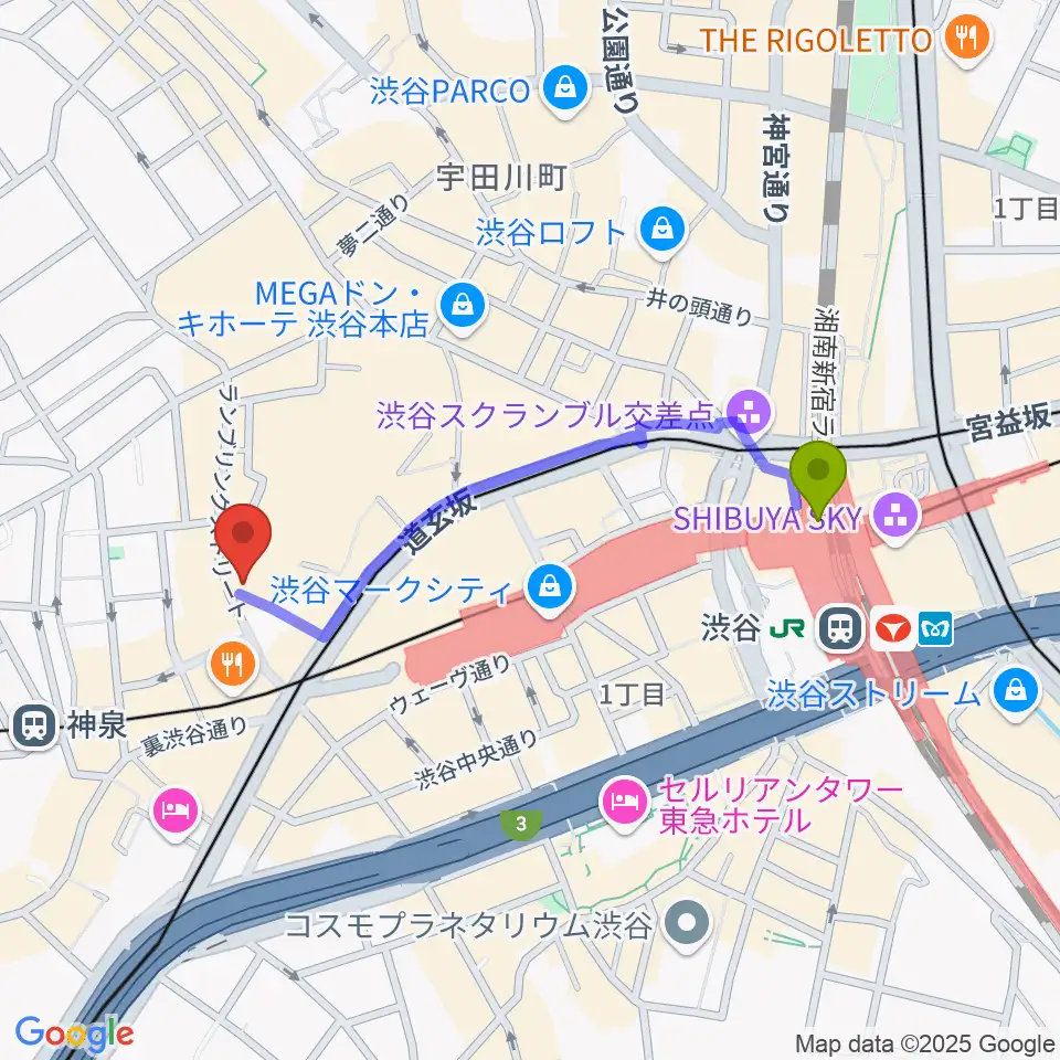 渋谷駅から渋谷DESEO miniへのルートマップ地図