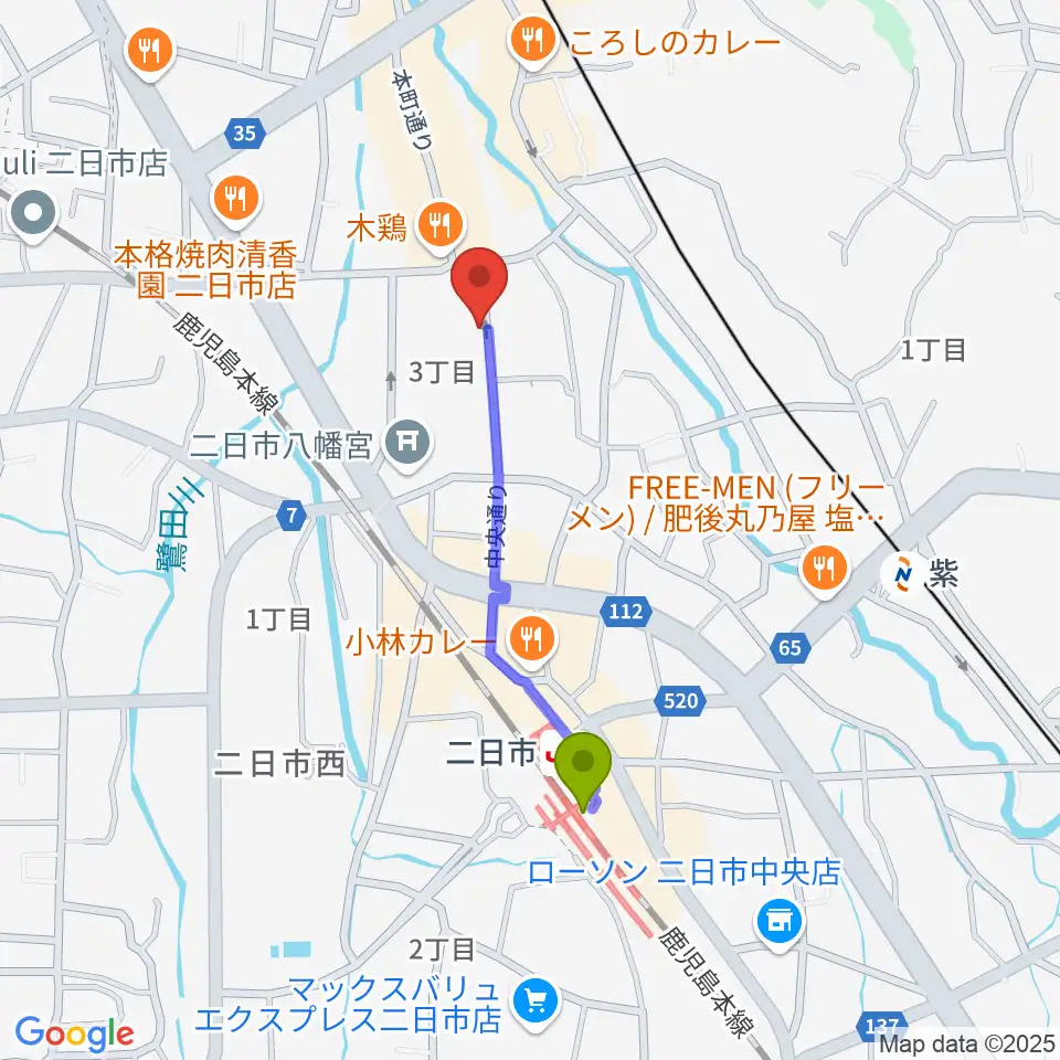 二日市駅から二日市ムーヴメントへのルートマップ地図