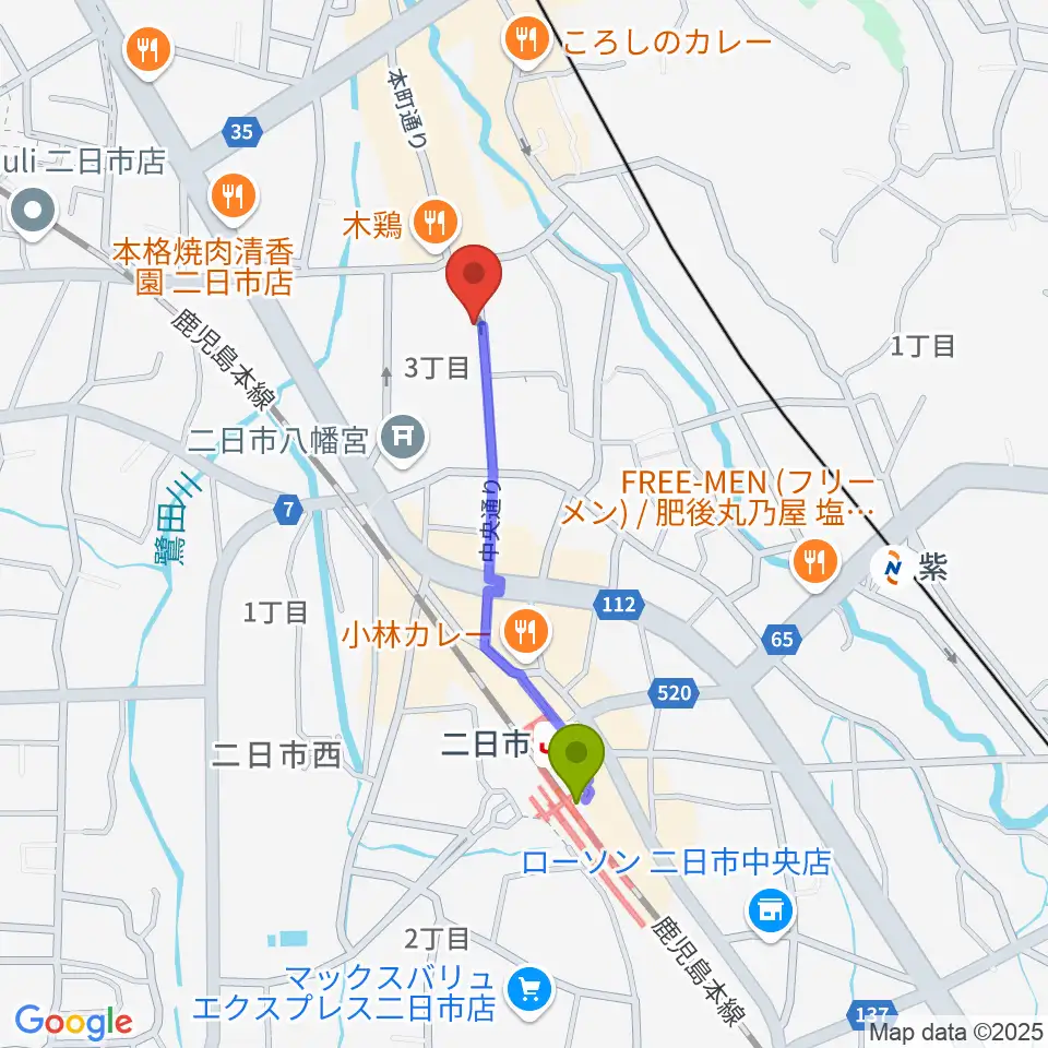 二日市駅から二日市ムーヴメントへのルートマップ地図