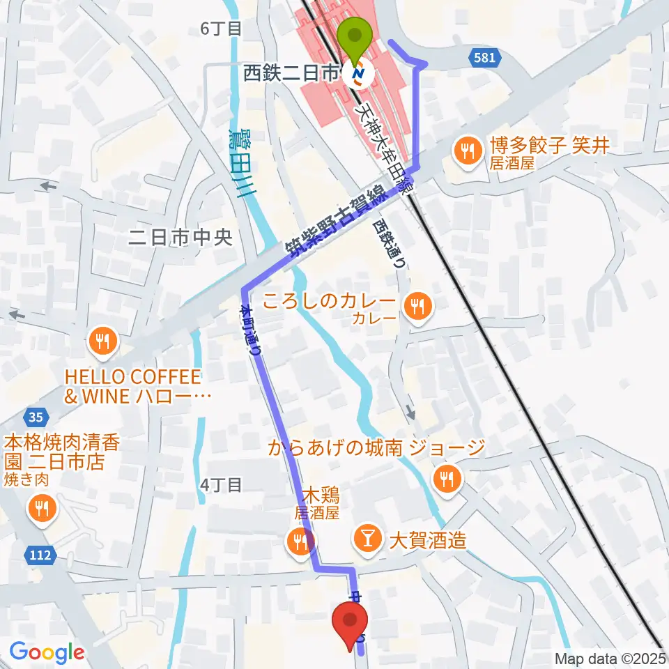 二日市ムーヴメントの最寄駅西鉄二日市駅からの徒歩ルート（約7分）地図