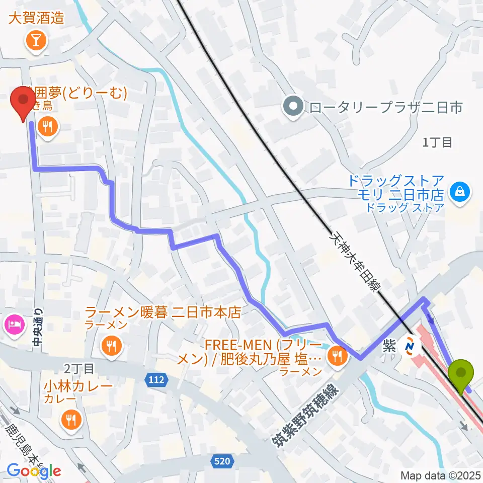 紫駅から二日市ムーヴメントへのルートマップ地図