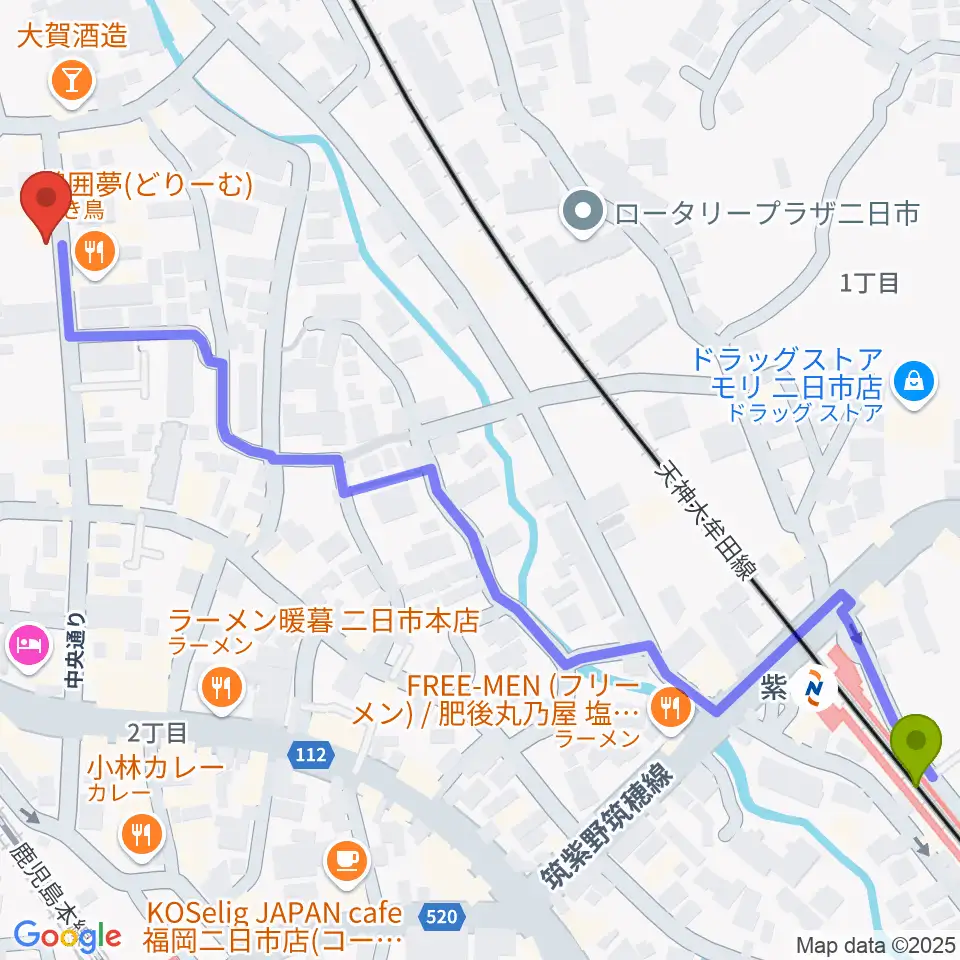 紫駅から二日市ムーヴメントへのルートマップ地図