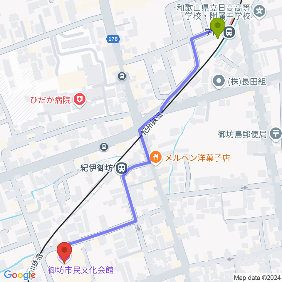 学門駅から御坊市民文化会館へのルートマップ地図