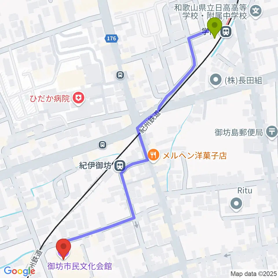 学門駅から御坊市民文化会館へのルートマップ地図
