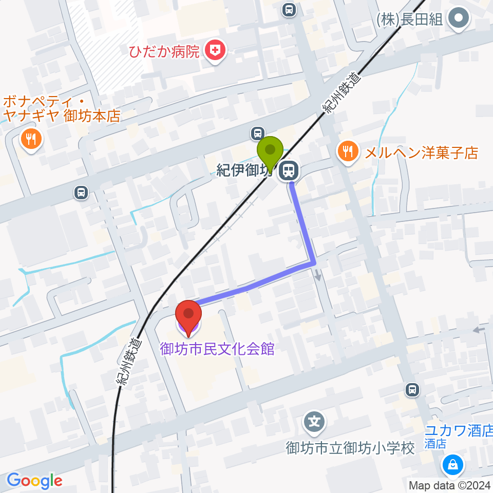 御坊市民文化会館の最寄駅紀伊御坊駅からの徒歩ルート（約3分）地図