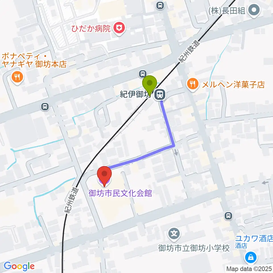 御坊市民文化会館の最寄駅紀伊御坊駅からの徒歩ルート（約3分）地図