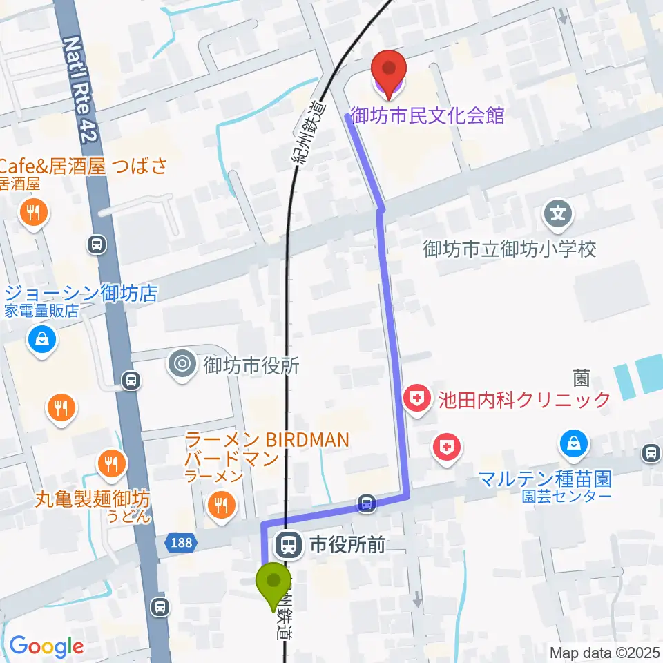 市役所前駅から御坊市民文化会館へのルートマップ地図