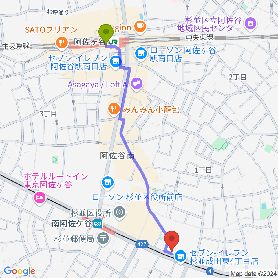 阿佐ケ谷駅からニュースター楽器 阿佐ヶ谷センターへのルートマップ地図