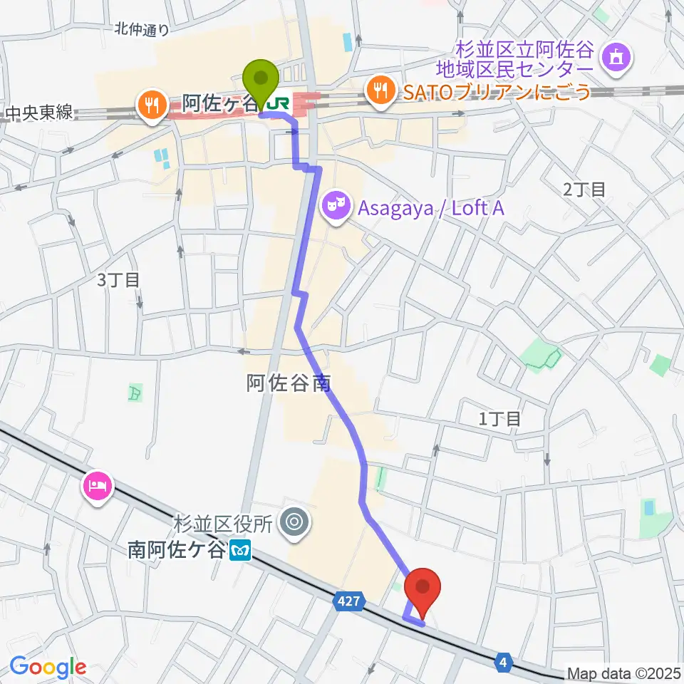 阿佐ケ谷駅からニュースター楽器 阿佐ヶ谷センターへのルートマップ地図