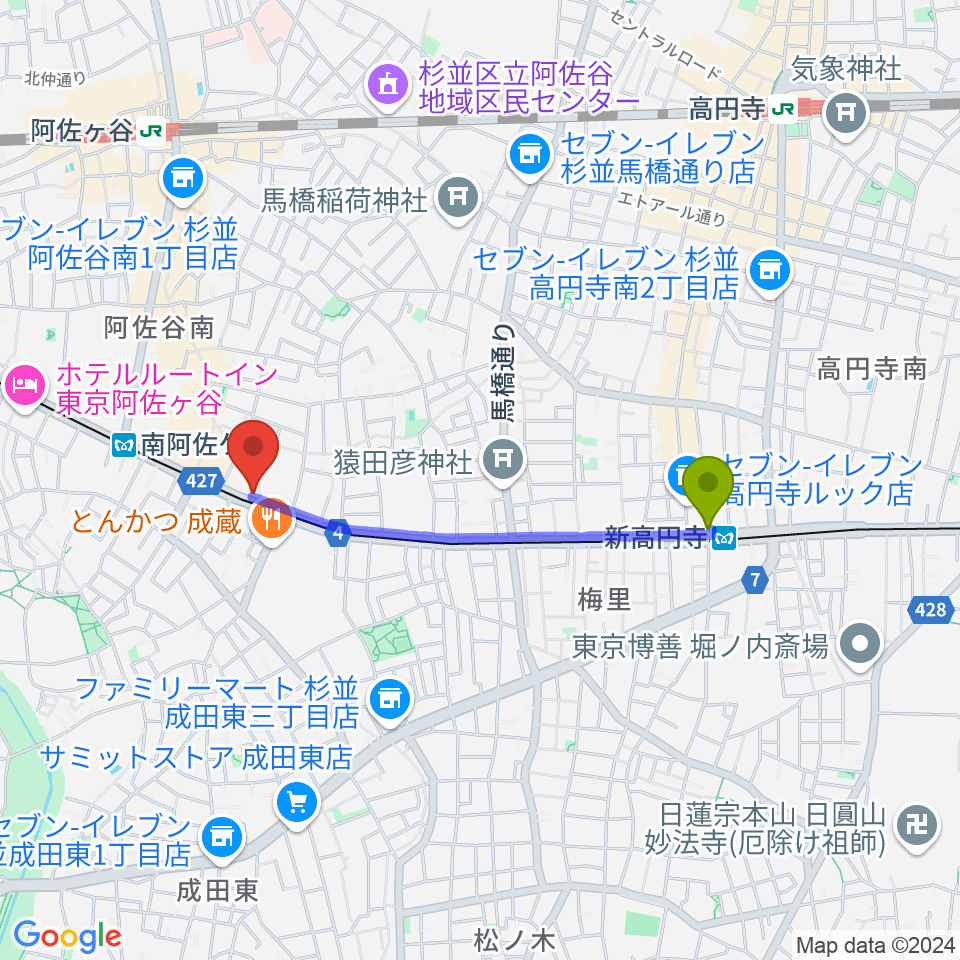 新高円寺駅からニュースター楽器 阿佐ヶ谷センターへのルートマップ地図