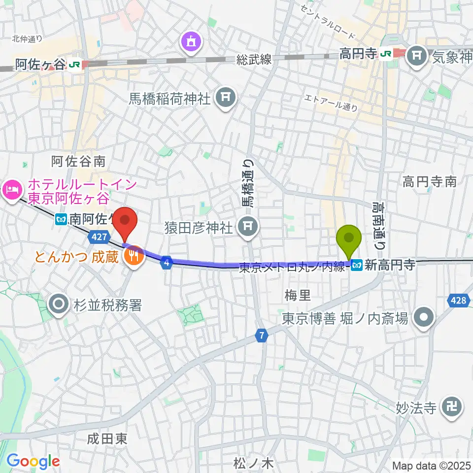 新高円寺駅からニュースター楽器 阿佐ヶ谷センターへのルートマップ地図