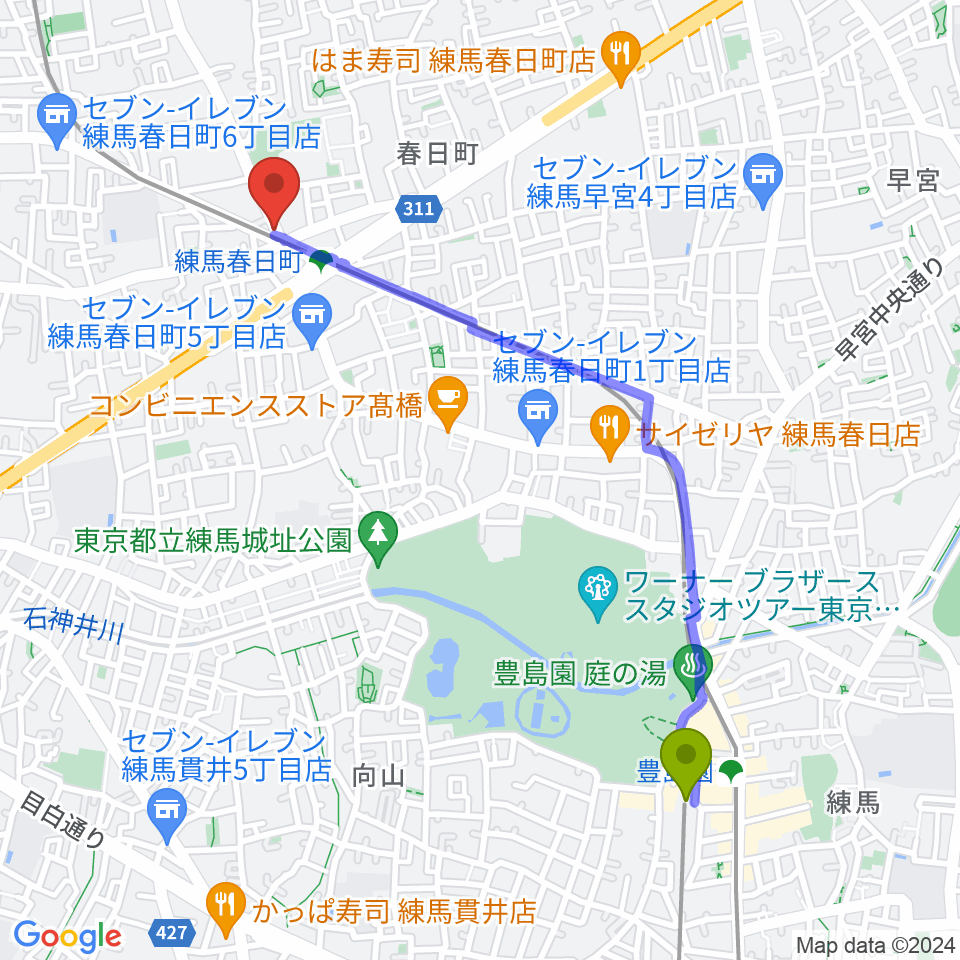 豊島園駅から春日町LADY DAYへのルートマップ地図