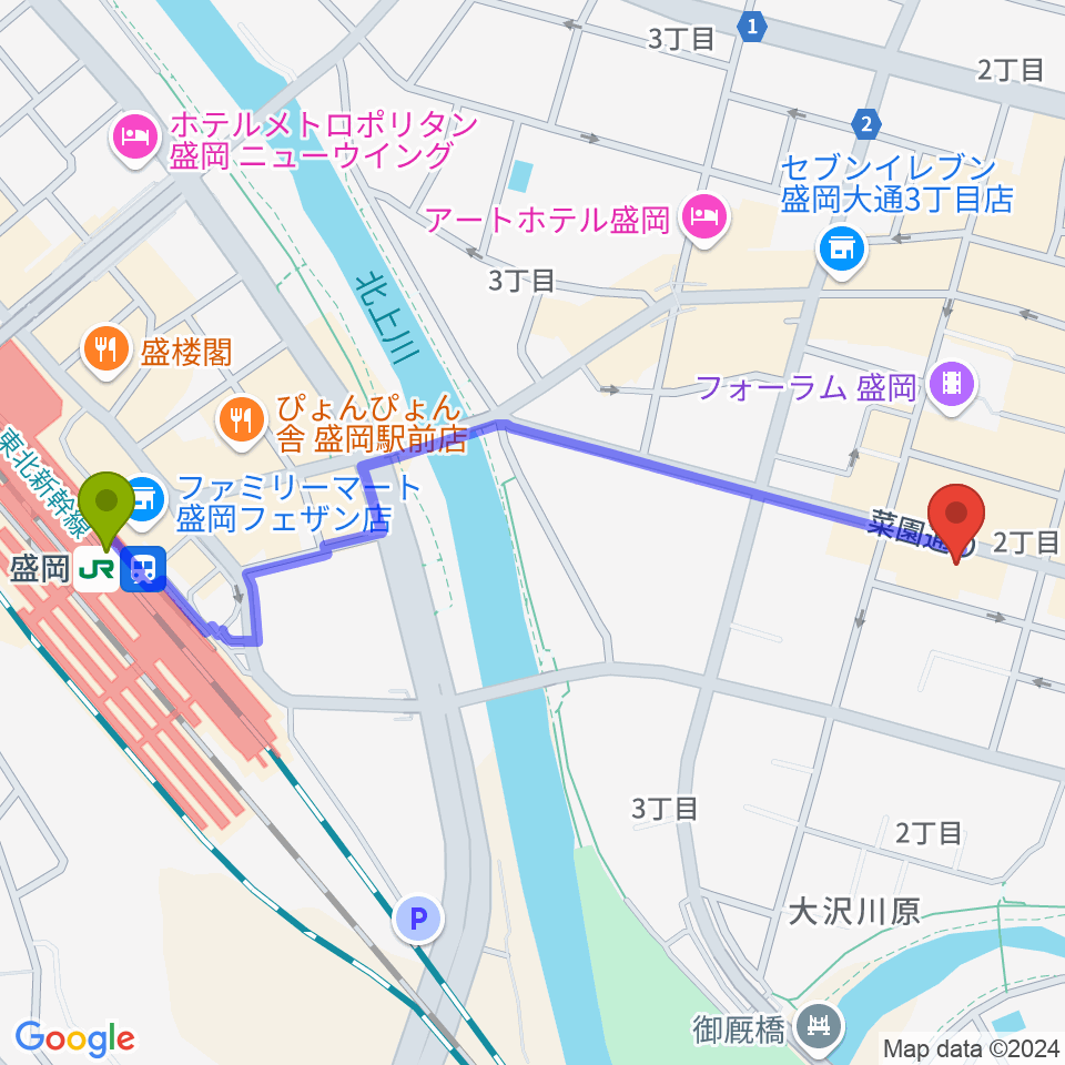 BAR CAFE the Sの最寄駅盛岡駅からの徒歩ルート（約12分）地図