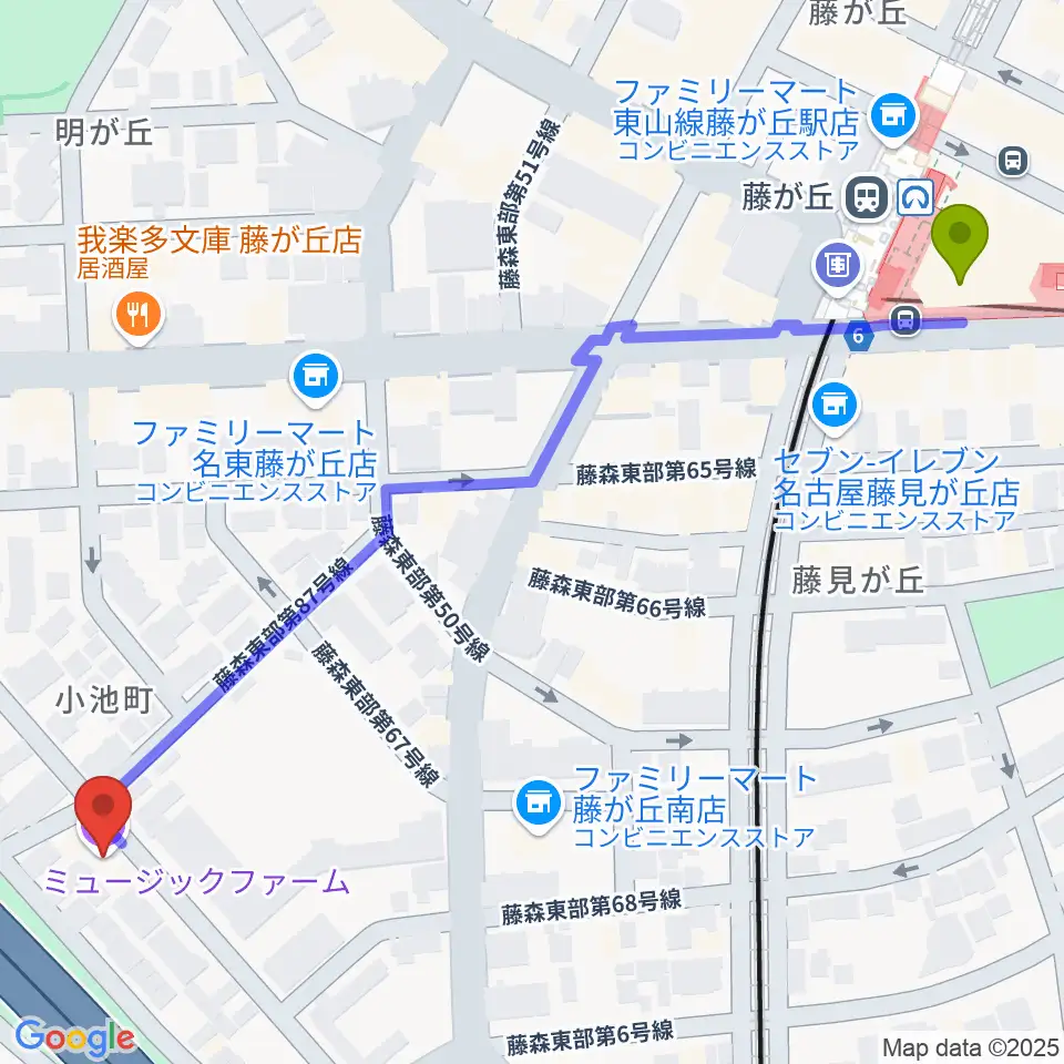 名古屋ミュージックファームの最寄駅藤が丘駅からの徒歩ルート（約8分）地図
