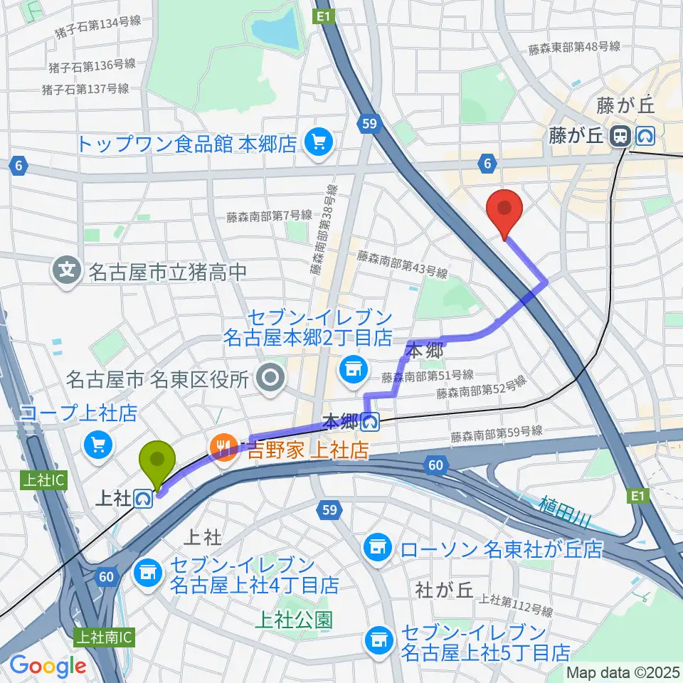 上社駅から名古屋ミュージックファームへのルートマップ地図