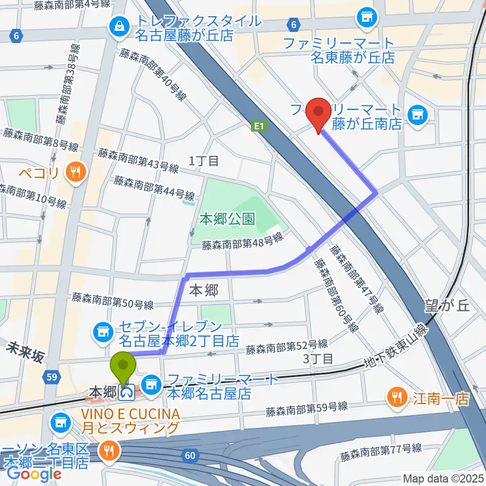 本郷駅から名古屋ミュージックファームへのルートマップ地図