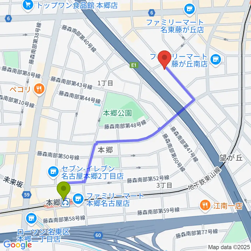 本郷駅から名古屋ミュージックファームへのルートマップ地図