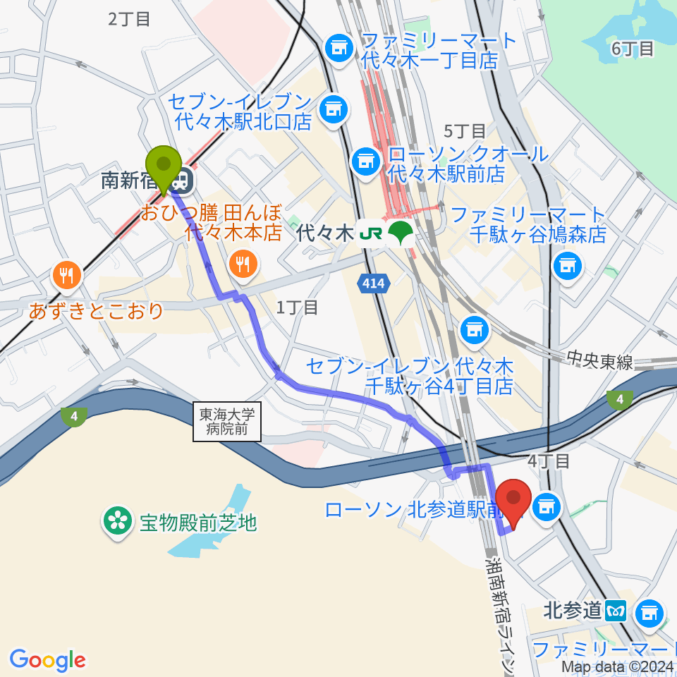 南新宿駅からGRAPES北参道へのルートマップ地図