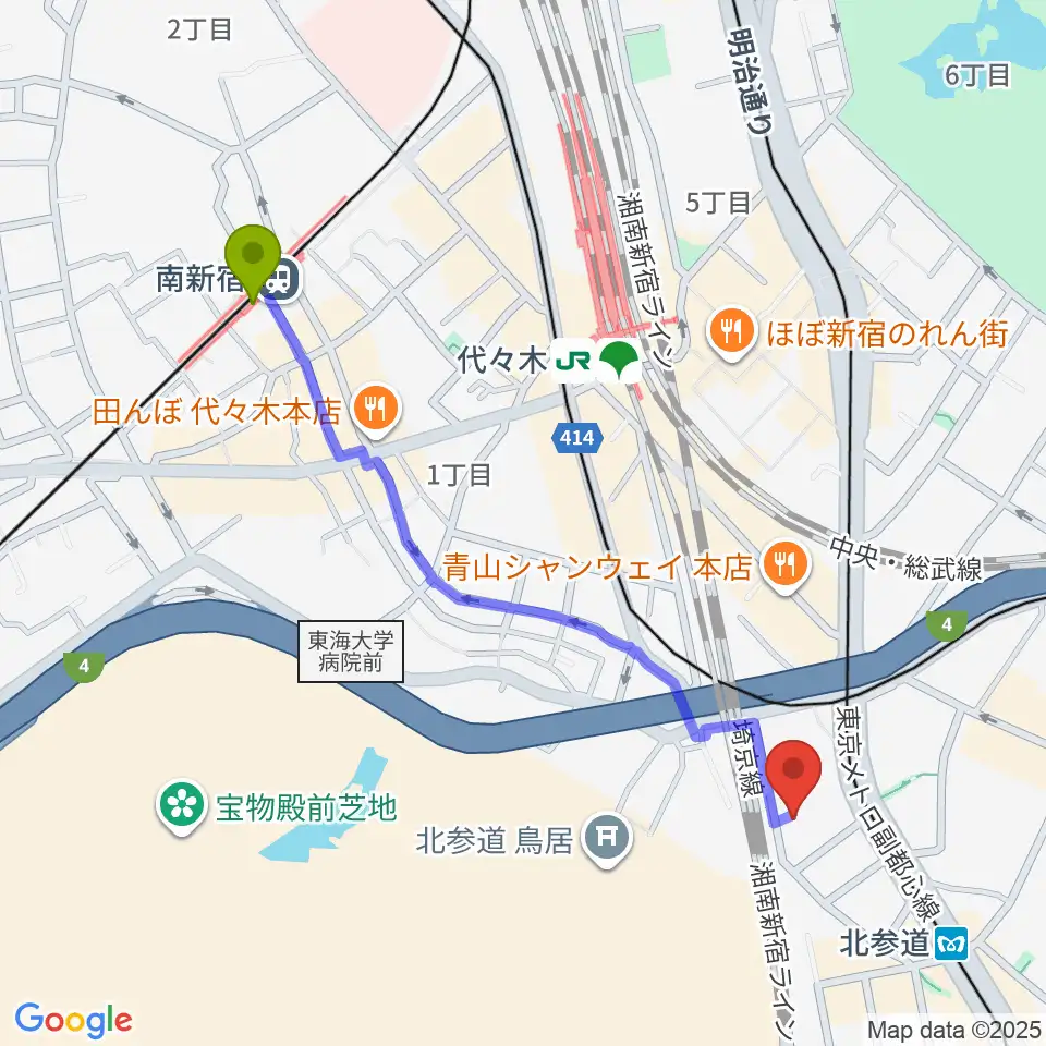 南新宿駅からGRAPES北参道へのルートマップ地図