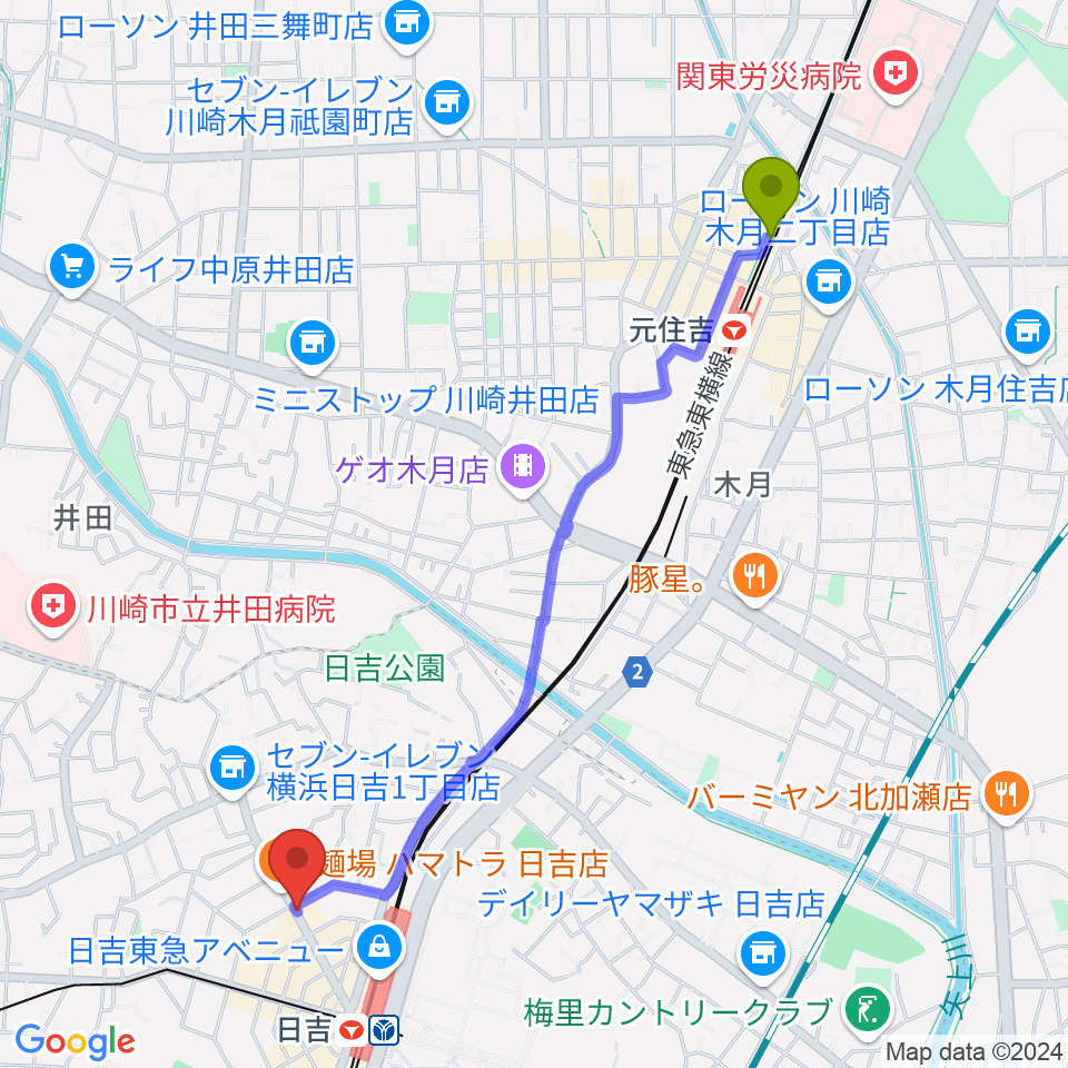 元住吉駅から日吉ワンダーウォールへのルートマップ地図