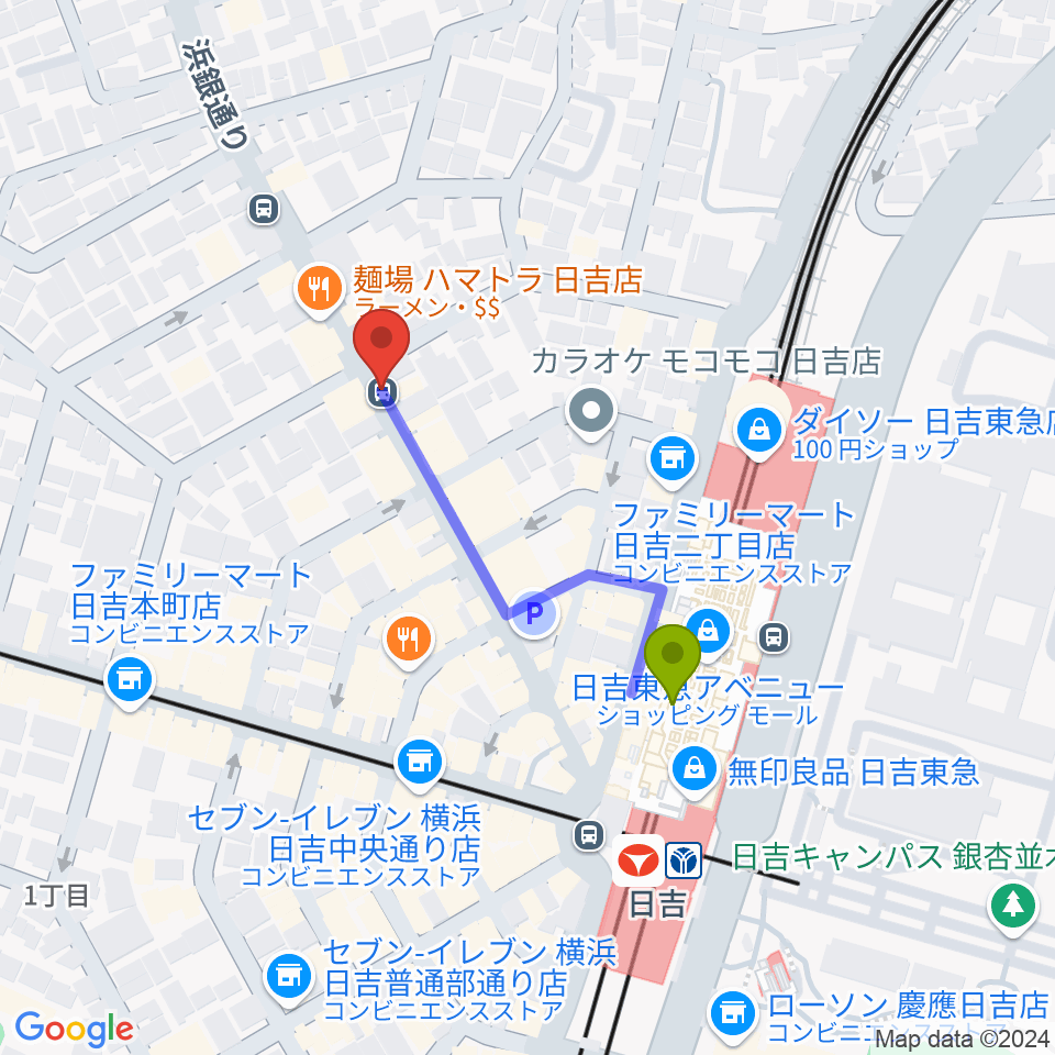 日吉ワンダーウォールの最寄駅日吉駅からの徒歩ルート（約3分）地図