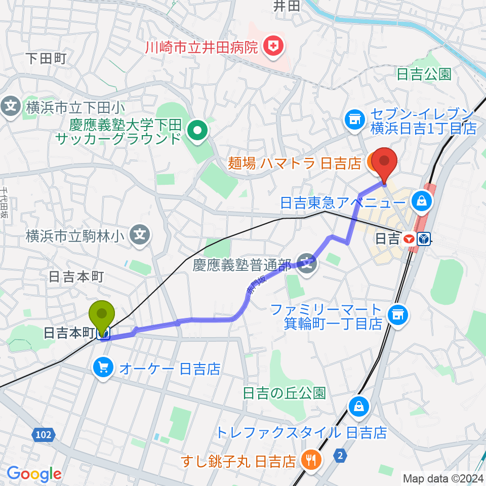 日吉本町駅から日吉ワンダーウォールへのルートマップ地図