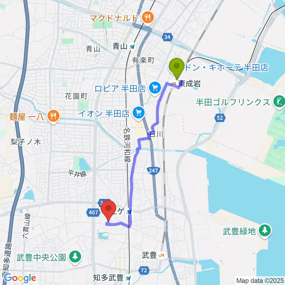東成岩駅からガレージエスへのルートマップ地図