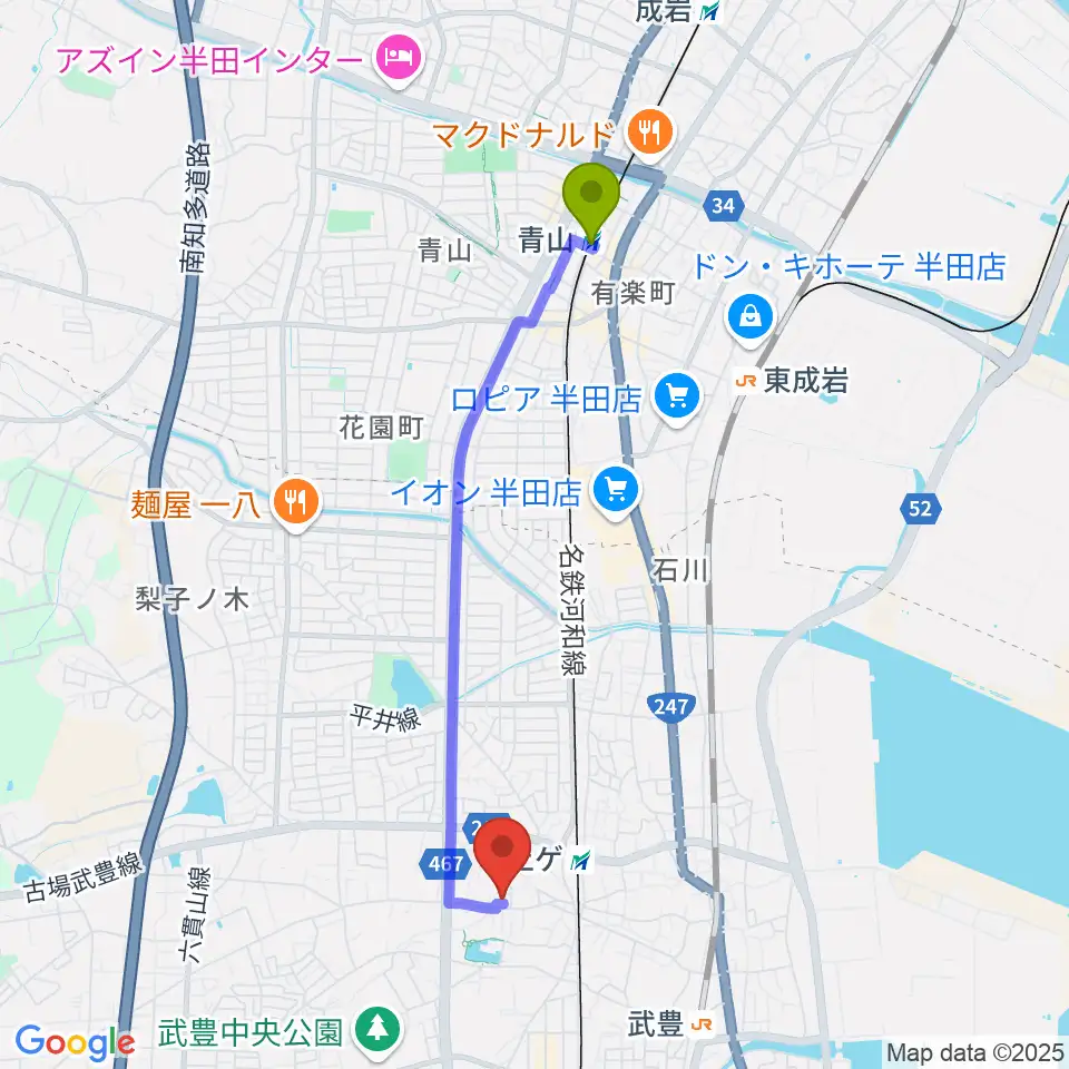 青山駅からガレージエスへのルートマップ地図