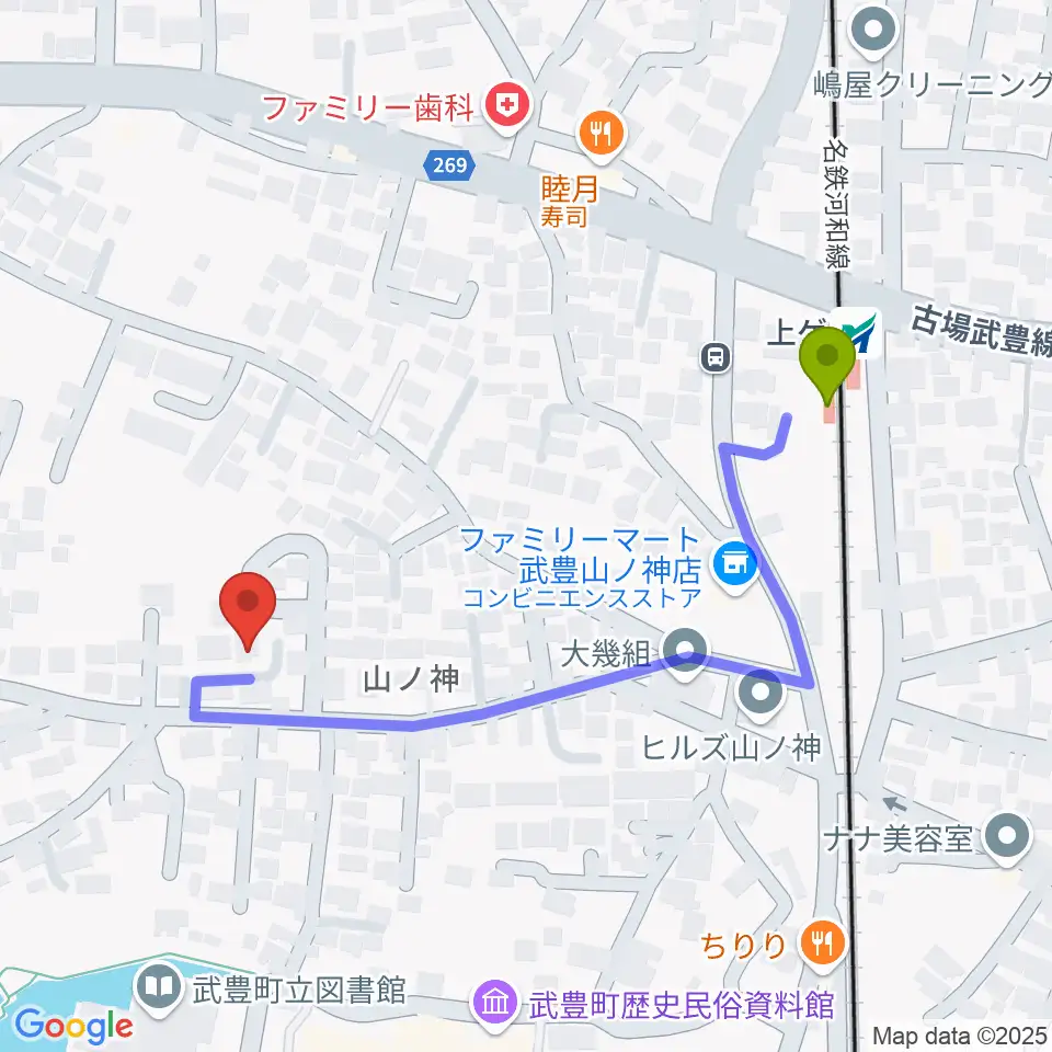 ガレージエスの最寄駅上ゲ駅からの徒歩ルート（約5分）地図