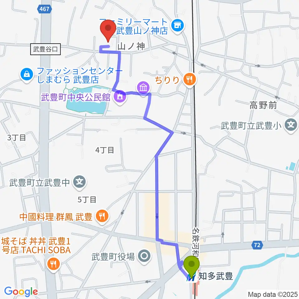 知多武豊駅からガレージエスへのルートマップ地図