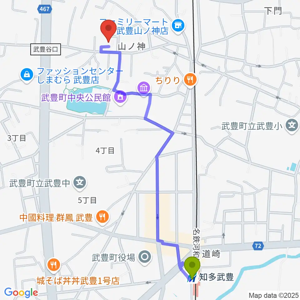 知多武豊駅からガレージエスへのルートマップ地図
