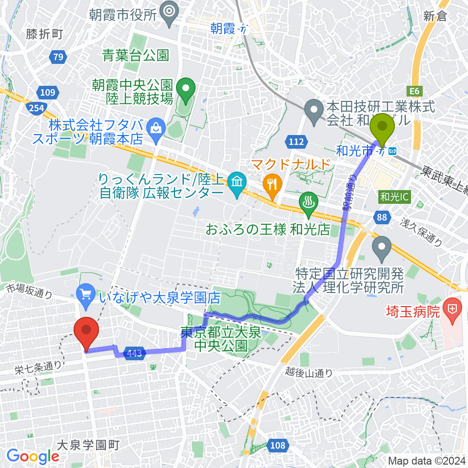 和光市駅からスタジオ ルミエールへのルートマップ地図