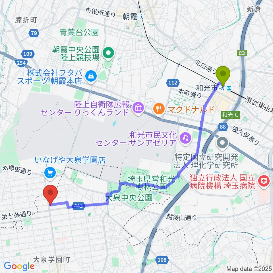 和光市駅からスタジオ ルミエールへのルートマップ地図