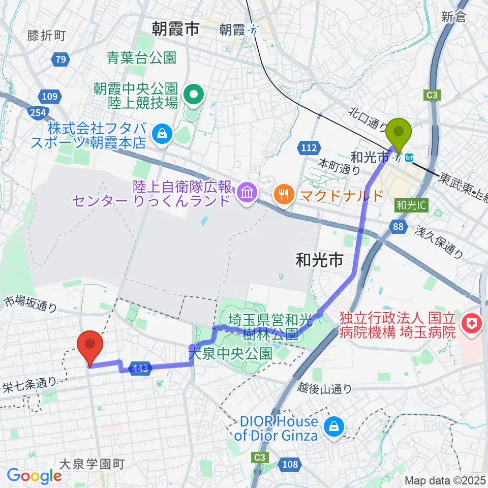 和光市駅からスタジオ ルミエールへのルートマップ地図