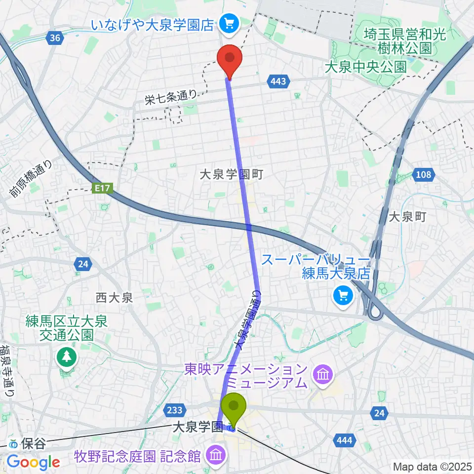 スタジオ ルミエールの最寄駅大泉学園駅からの徒歩ルート（約45分）地図