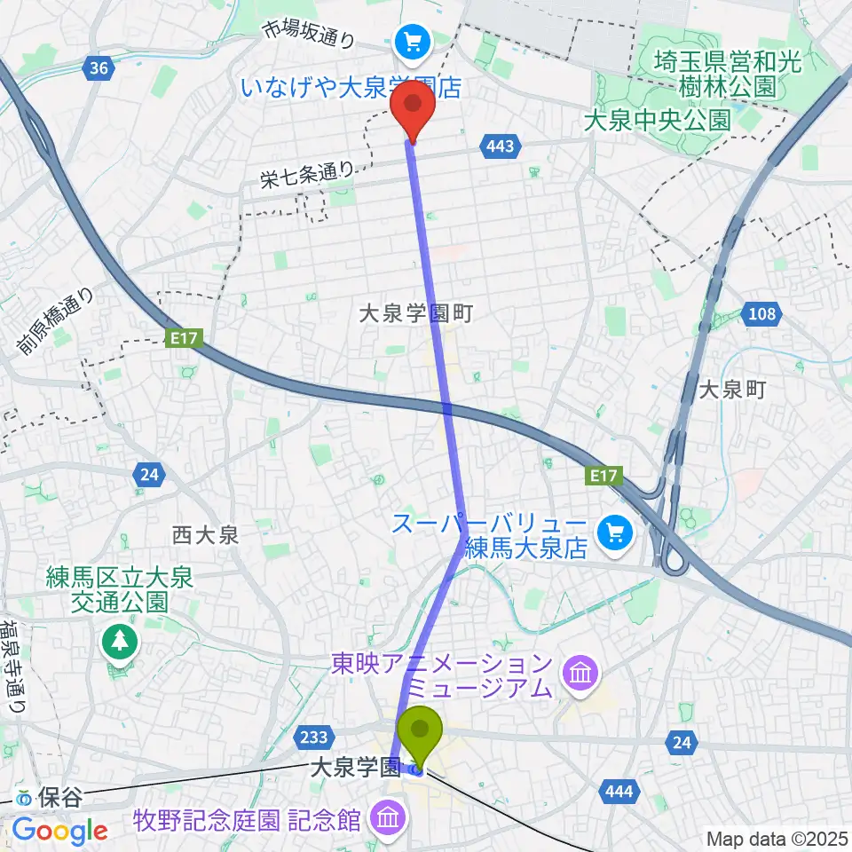 スタジオ ルミエールの最寄駅大泉学園駅からの徒歩ルート（約45分）地図