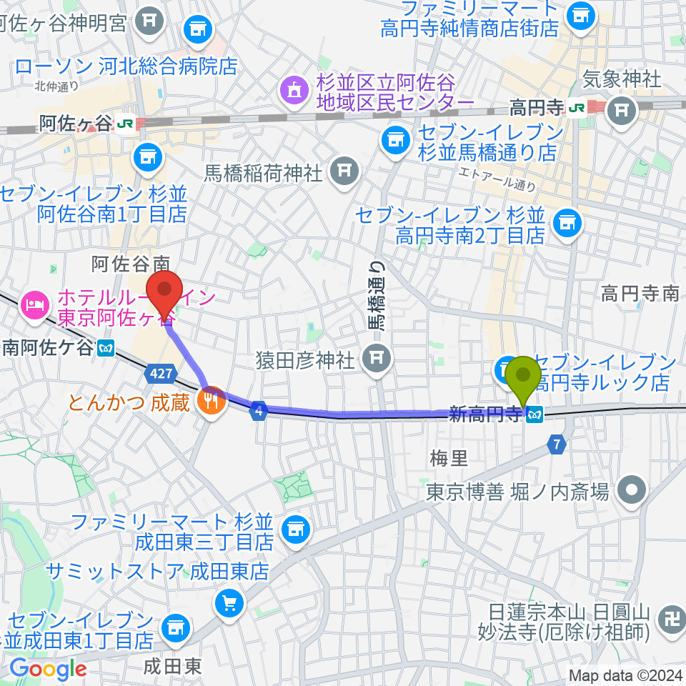 新高円寺駅から南阿佐ヶ谷ON THE ROOF plusへのルートマップ地図