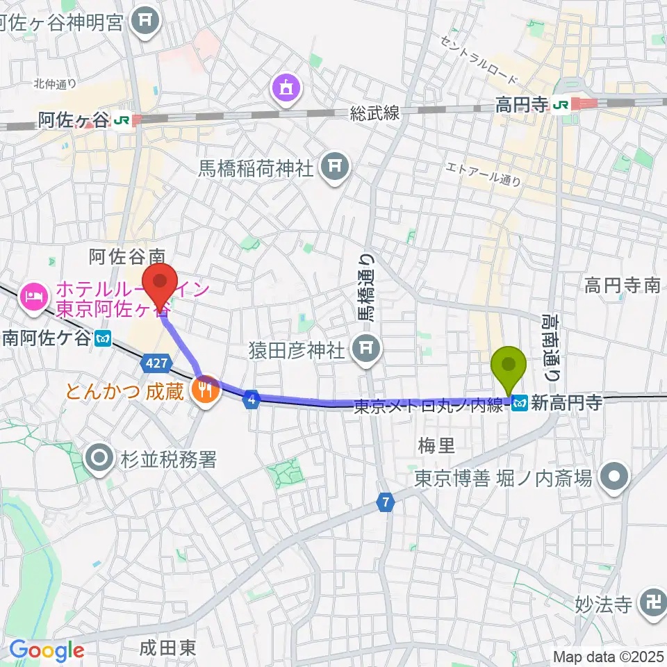 新高円寺駅から南阿佐ヶ谷ON THE ROOF plusへのルートマップ地図