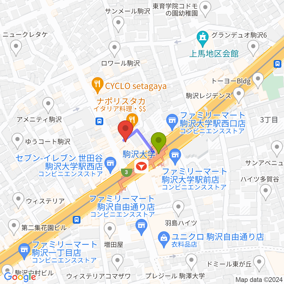 エムズ・カンティーナの最寄駅駒沢大学駅からの徒歩ルート（約1分）地図