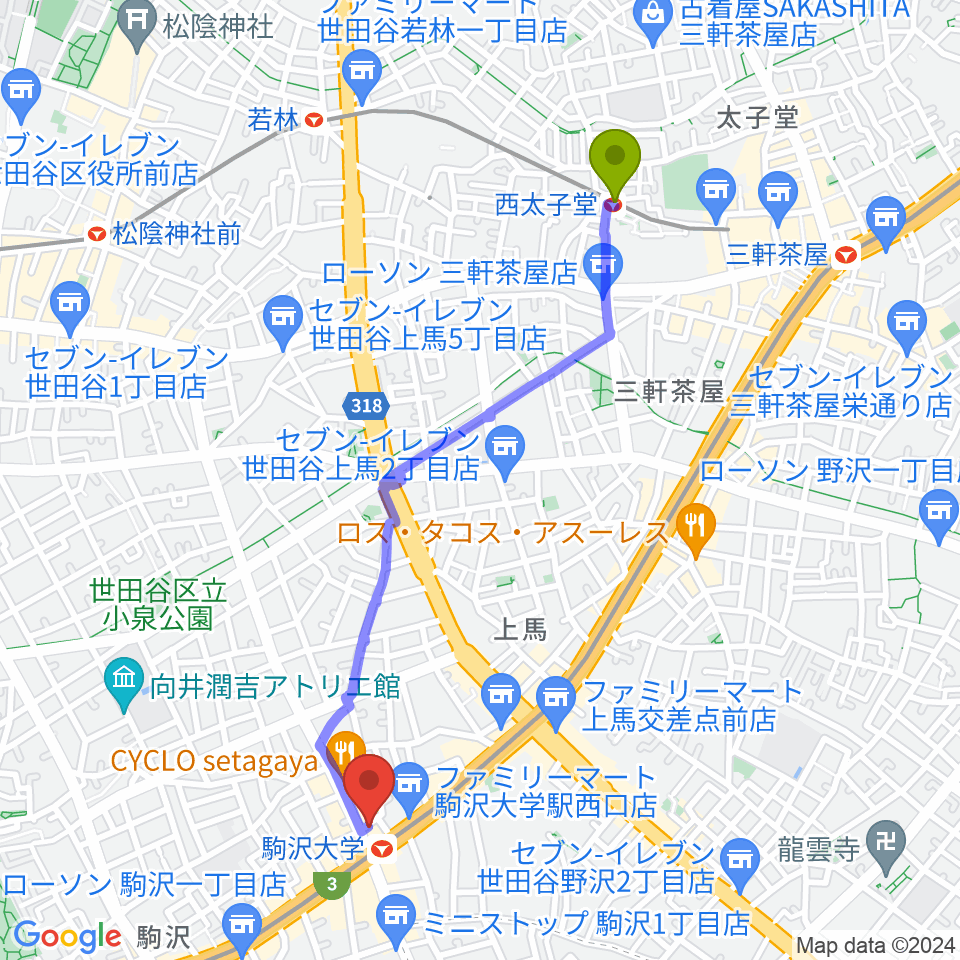 西太子堂駅からエムズ・カンティーナへのルートマップ地図