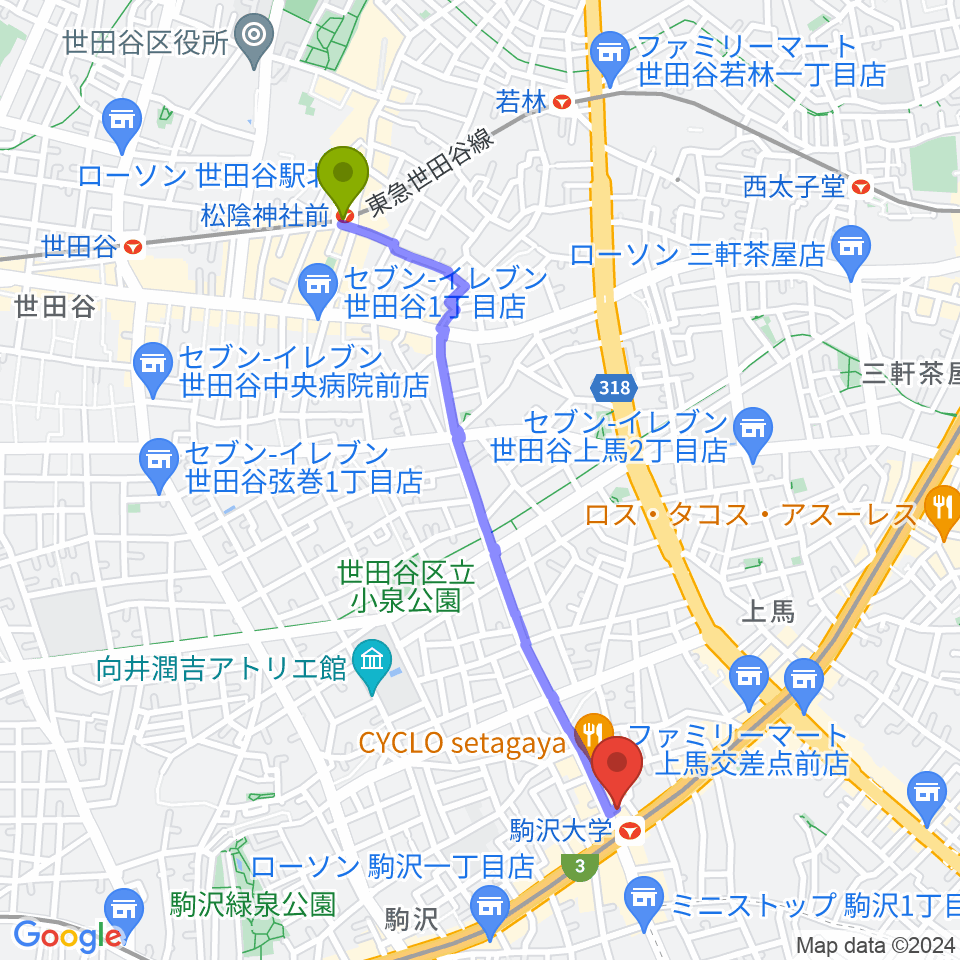 松陰神社前駅からエムズ・カンティーナへのルートマップ地図