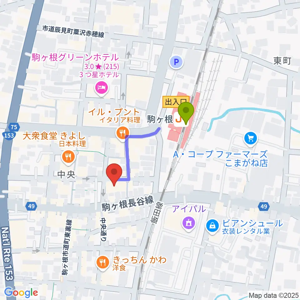 駒ヶ根NIRVASHの最寄駅駒ケ根駅からの徒歩ルート（約2分）地図