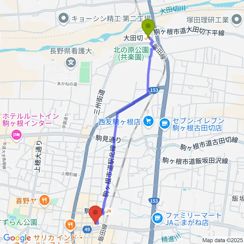 大田切駅からG-Studio NIRVASHへのルートマップ地図