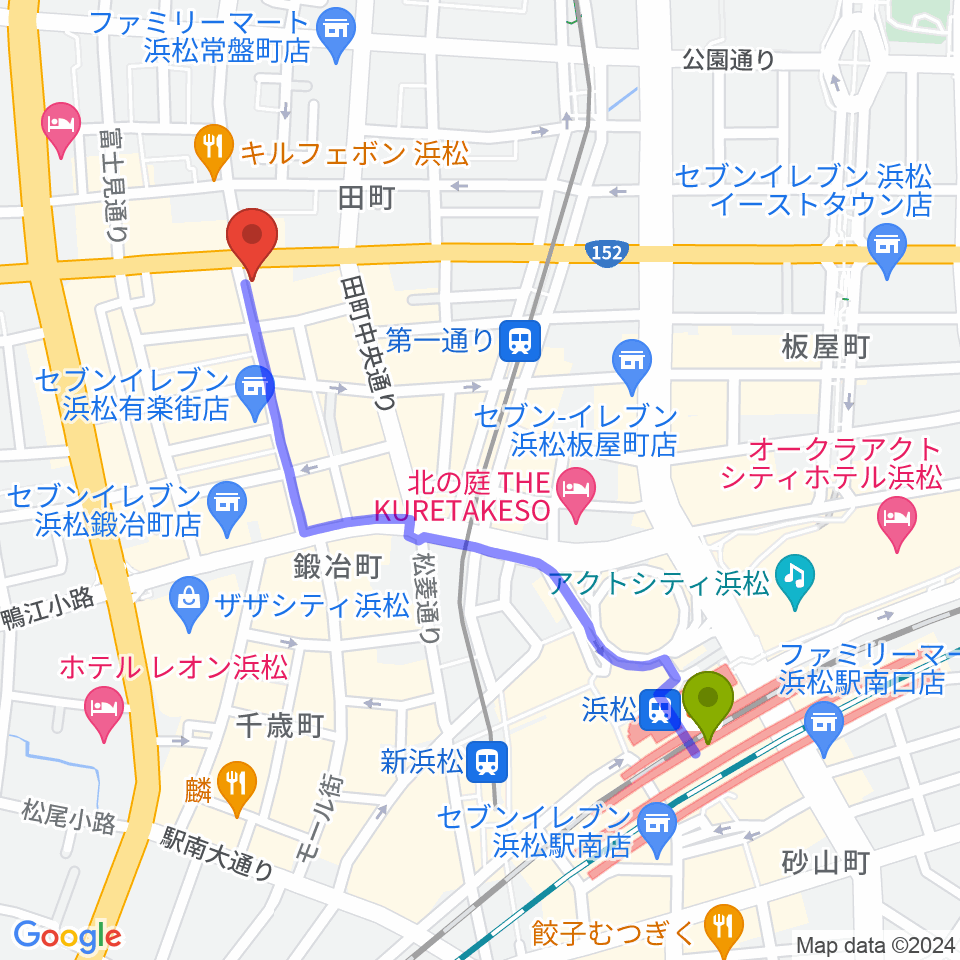 浜松駅からジャズスポット アナログへのルートマップ地図
