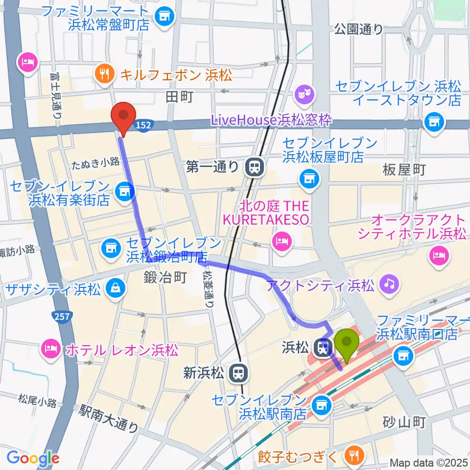 浜松駅からジャズスポット アナログへのルートマップ地図