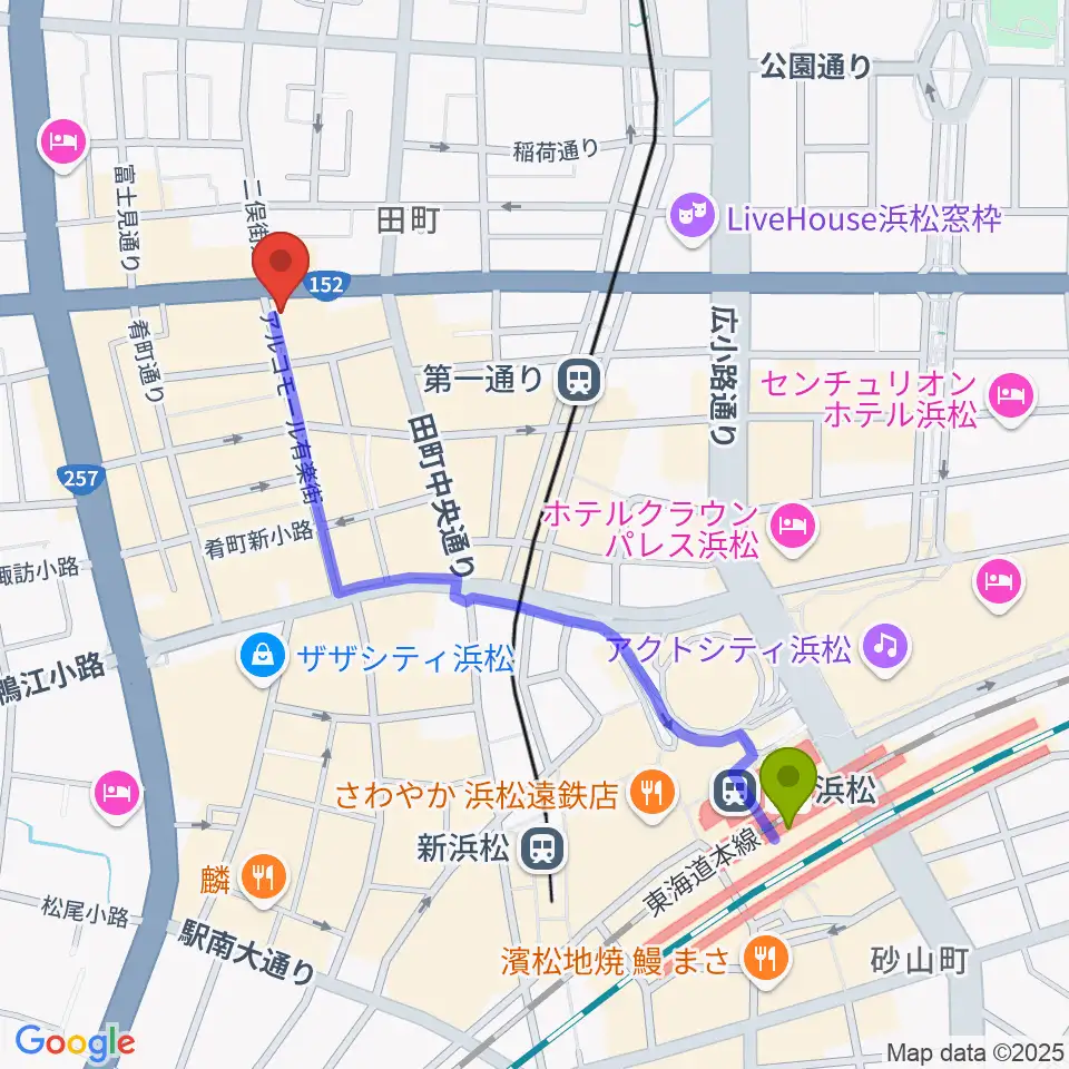 浜松駅からジャズスポット アナログへのルートマップ地図
