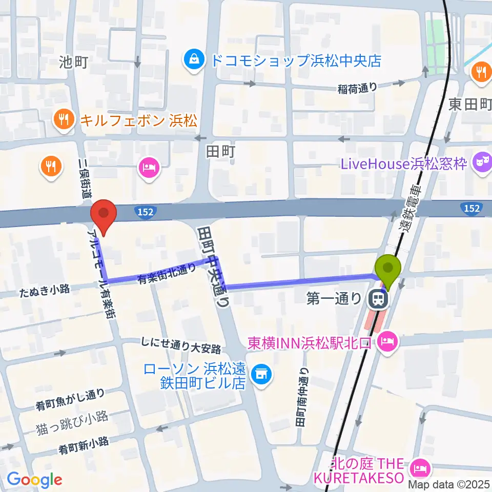 ジャズスポット アナログの最寄駅第一通り駅からの徒歩ルート（約5分）地図