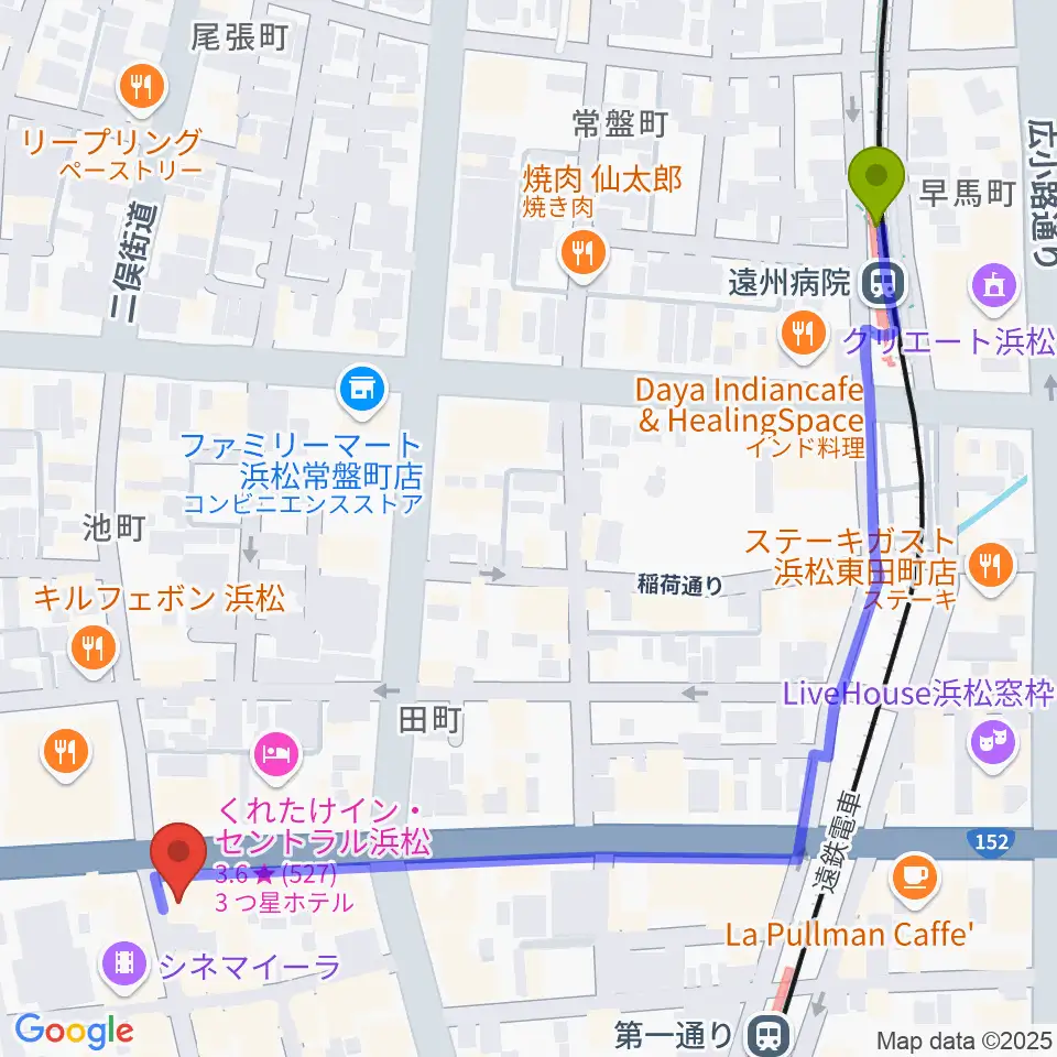 遠州病院駅からジャズスポット アナログへのルートマップ地図