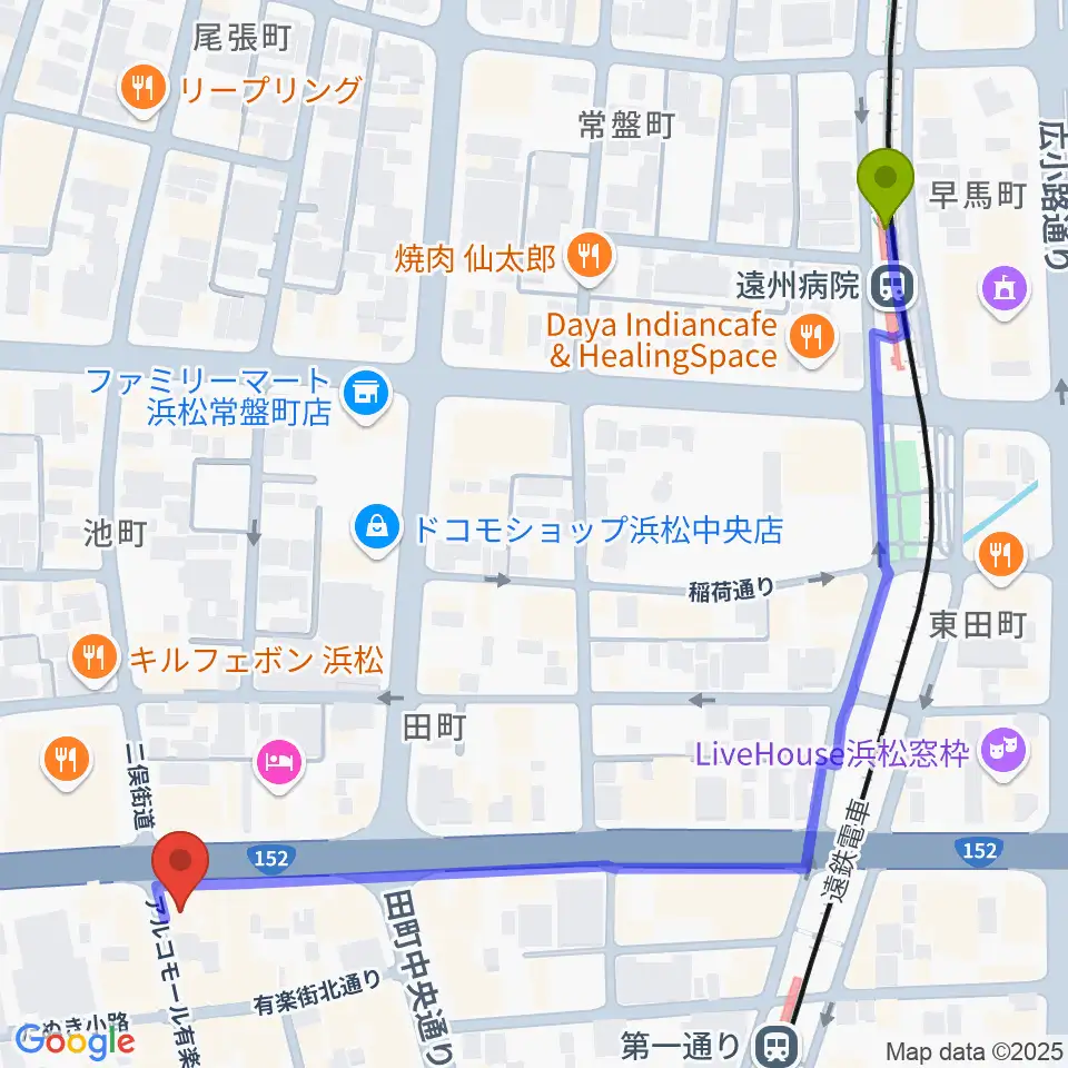 遠州病院駅からジャズスポット アナログへのルートマップ地図