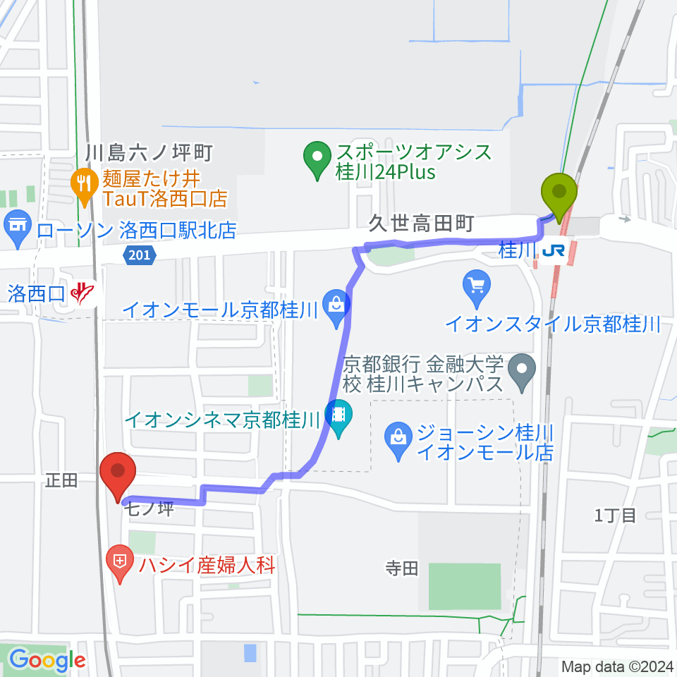 桂川駅から桂川ベアティホールへのルートマップ地図